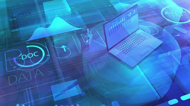 A laptop and an array of big data in digital space.