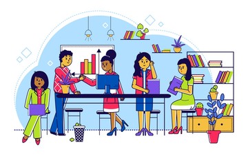 Training education at class, line vector illustration. Man and woman character in office, lesson for development business work. Place with table, bookshelf, chart and electronic devices for study.