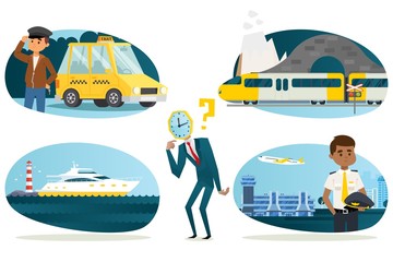 Fototapeta na wymiar Businessman watchhead character choose faster way to travel, vector illustration. Business trip taxi with driver, high-speed modern train, luxury yacht, safe flight in airplane flat banner.