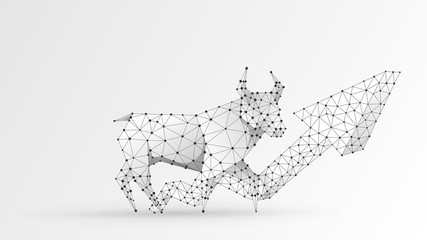Bull market trend, growth arrow. Stock Exchange and concept of a trading chart. Low poly, wireframe 3d Raster illustration. Abstract polygonal image on white origami background