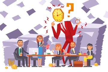 Businessman watchhead, company meeting, team dissatisfied with woman work vector illustration. Time running out, deadline close, character group people angry. Large document stack, paper.