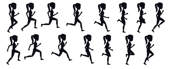 Animation of the silhouette of a running woman. Black and white flat style.