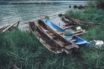 Old fisherman boats standing on the bank