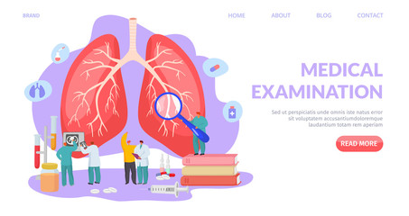 Fototapeta na wymiar Medical lung examination, landing vector illustration. Respiratory system diagnostic and treatment, professional healthcare. Doctors character cure internal disease, online website.
