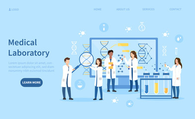 Fototapeta na wymiar Group of medical technicians and chemists in a laboratory conducting tests and online research, vector illustration with copy space