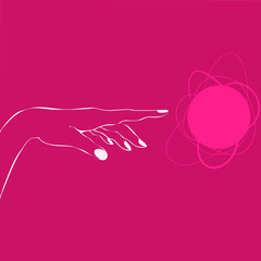 pointing hand, line drawing on pink background. Vector outline hand-drawing illustration