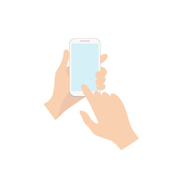 Hand holding a phone with an empty blue screen. Concept of online purchases of food, clothing, delivery, hotel order, messages. Vector illustration on a white isolated background