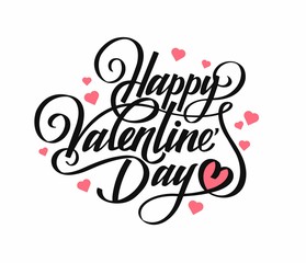 Phrase Happy Valentine's Day. Calligraphy. Black text on white with symbols heart. For gift cards.