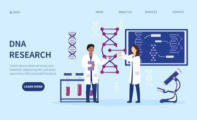 Two multiracial geneticists doing DNA research in a laboratory with charts, diagrams and test tubes, colored vector illustration with copy space