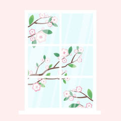 White window frame with six parts. There is a blooming cherry or apple tree behind the window.
