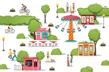 Store fronts, different shops at city street, vector illustration. Exterior jewerly, candy, flowers and clothes shop near plant, trees and bush. People buyers walking in park near buildings shops.