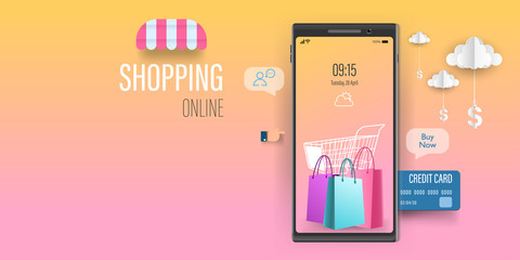 Naklejka premium Online Store Shop, virtual digital shopping on mobile application Vector illustration.