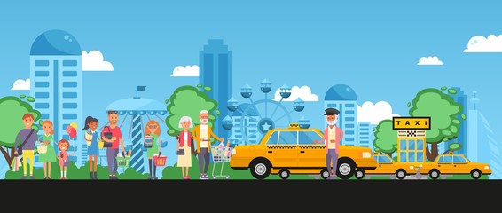 Taxi set parking, line customers with purchases, vector illustration people with package, trolley and product stand behind each other for go home by car. Driver character in cap offers services.