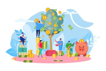 Money tree, company income vector illustration. Successfull start up, profitable new business, financial growth. Busines people worker collect banknotes and coinsrom plant, piggy bank and jar.