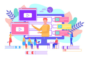 Online education courses concept, vector illustration. Business study with teacher, digital knowledge. People student sit at conference, look at big screen with man, information and infographic.