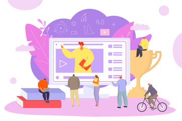 People online science education, vector illustration. Knowledge coureses from computer, didgital university. Man and woman student near large screen learning by specialist video information.