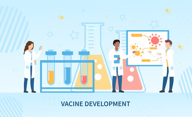 Vaccine development for Covid-19 pandemic with a group of diverse scientists doing testing and research in a laboratory, colored vector illustration with copy space