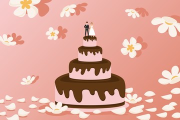 Wedding cake with bride and groom figurines on top, bread set vector illustration. Pink layers dessert with delicious chocolate icing. There flowers around cake, on floor cartoon wild flower petals.