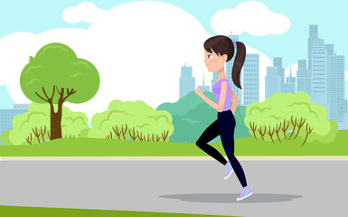 Fototapeta na wymiar A young beautiful girl running in the park. Healthy lifestyle. A running female character. Illustration in cartoon style.