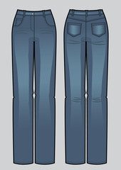 Vector illustration of blue classic woman jeans. Front and back views