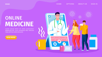 Online medicine consultation, landing vector illustration.Healthcare services in smartphone, doctor support sick people. Man and woman, patients near large electronic device screen with therapist.