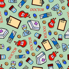 seamless background medicine pills doctor for design wallpaper vector print colored doodle sketch wrap equipment items professional