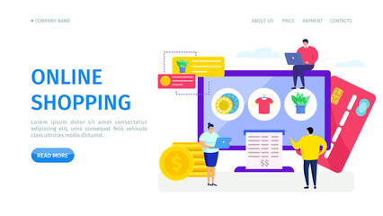 Online shopping store landing, vector illustration. Internet purchase application on computer, product icon on screen. Man and woman client get check, online payment by bank card, webpage.