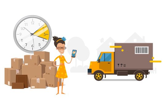 Waiting For Truck, Cargo Transportation, Time On Clock Vector Illustration. Customer Girl Talking With Company Manager, Stand Near Boxes And Waiting For Truck To Move. Watch Show Her Waiting Time.