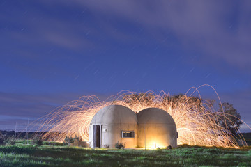 Night photography of round houses similar to the star wars of Ceclavin in Extremadura © martinred