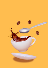 White cup of splashed coffee isolated on yellow background.
