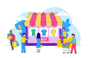 Online clothes shopping on internet, vector illustration. Network sale payment, market consumer choose garment. Clothing store on large tablet screen. Man and woman with bags, shopping cart.