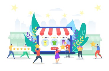 Online store rating stars service, vector illustration. Sale ranking clothes on huge computer screen, customer feedback. Man and woman rate product goods with stars at mobile shop application.