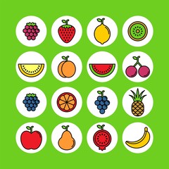 Fruits and berries flat vector icons set