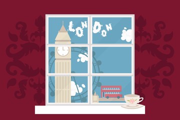 Europe London view window vector illustration. Double-decker red bus ride near cartoon Bigben, London Eye and Tower Bridge. In blue sky clouds city name. Island travel, famous place banner. - obrazy, fototapety, plakaty
