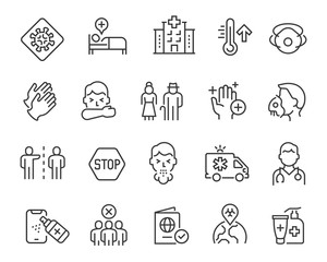 Flu and coronavirus icons set. Collection of linear simple web icons such as coronavirus infection, disease prevention, doctor, hospital, oxygen mask, symptoms, remedies, quarantine, etc. Editable