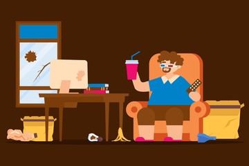 Fat lazy man lifestyle, sitting state vector illustration. Obese character man in dirty room, irresponsible attitude to his body and home. Broken window, trash on floor, watching movie.