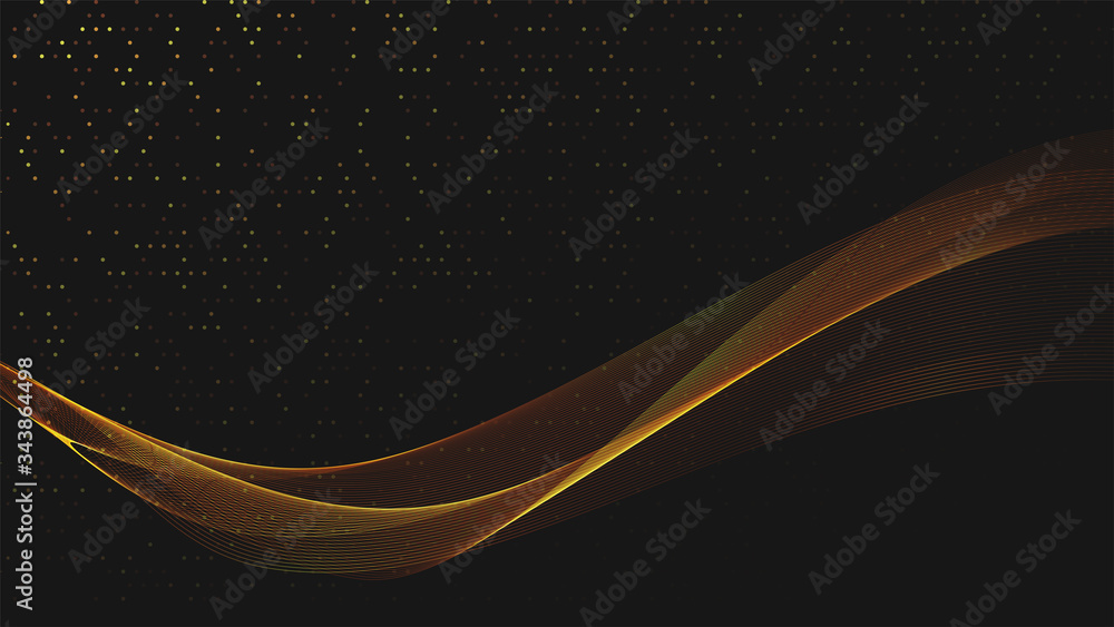 Poster Abstract black background with golden light waves. Vector abstract shiny color gold waves design element on dark background. Vector illustration. Template luxury design.