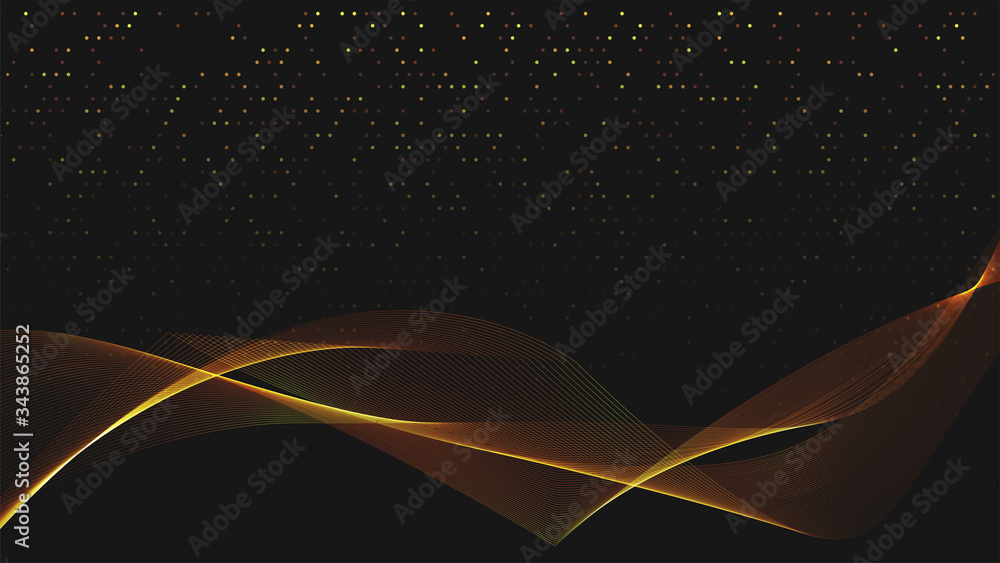 Poster Abstract black background with golden light waves. Vector abstract shiny color gold waves design element on dark background. Vector illustration. Template luxury design.