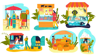 Naklejka premium Market stalls business, local market farmer shops, food stands set of isolated flat vector illustrations. Local market stall selling cloths, fish kiosk, farm meat, organic fruits and vegetables.