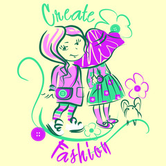 Cartoon little girls vector character illustration. Create fashion collection