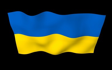 The flag of Ukraine on a dark background. National flag and state ensign. Blue and yellow bicolour. 3D illustration waving flag