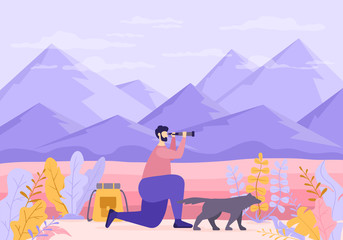Traveler with Telescope and Dog in Nature