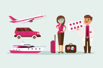 People motion sickness while traveling in transport vector illustration. Pale girl with luggage near car, plane and yacht, nausea. Man character doctor offer pills for well-being on trip. - obrazy, fototapety, plakaty