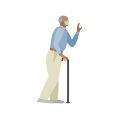 Elderly man with a walking stick waving vector