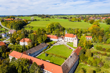 Aerial view, Wessobrunn Monastery, Pfaffenwinkel, Upper Bavaria, Bavaria, Germany