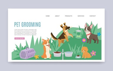 Pet grooming service and healthcare products cartoon web template vector illustration with dogs of different breeds. Dogs pet grooming webpage or landing.