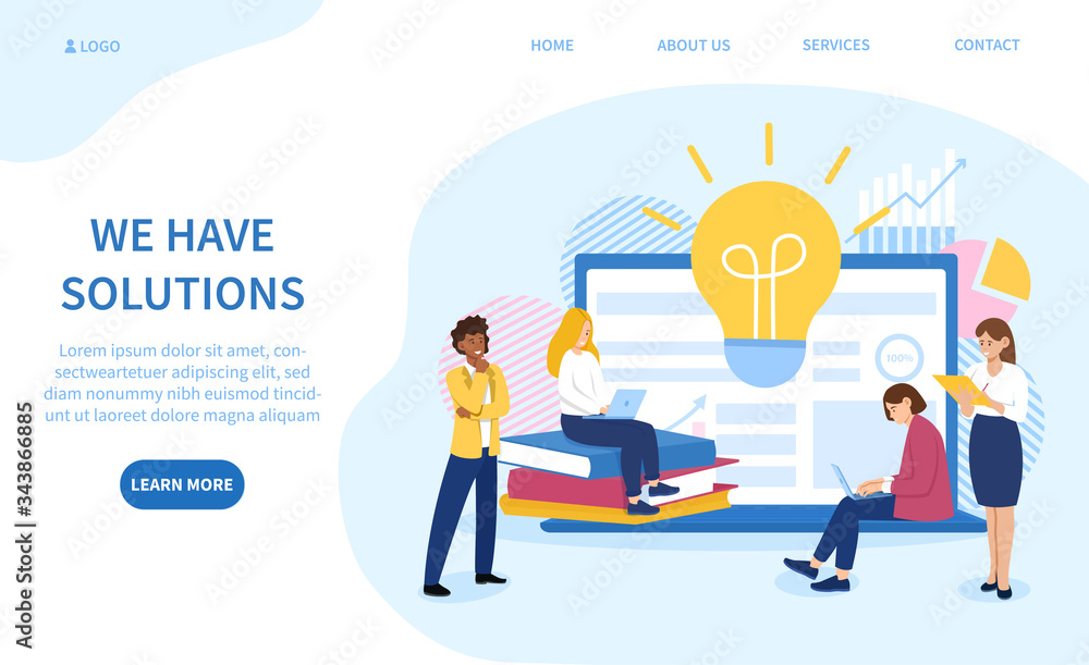 Poster we have solutions web template for business with four colleagues working on new ideas in front of an