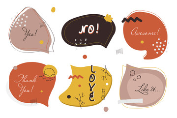Set of modern abstract colorful speech bubbles with doodles and various elements. Creative stickers. Doodle windows with phrases: Yes, No, Awesome, Thank you, Love, Like it