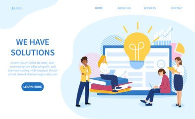 We Have Solutions web template for business with four colleagues working on new ideas in front of an open laptop with light bulb icon, colored vector illustration with copy space