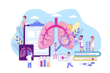 Pneumonia lungs disease, vector illustration. Respiratory organ illness, medical diagnosis, treatment by professional doctor. Virus prevention, characters care patient lungs, injections, fluorography.